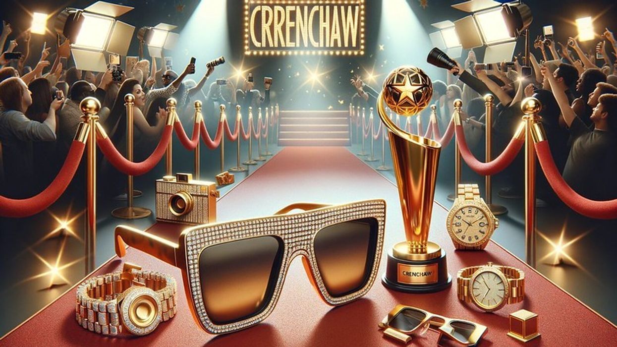 Glamorous items symbolizing the persona of fictional reality star Charles Crenchaw, including a red carpet and luxury accessories.