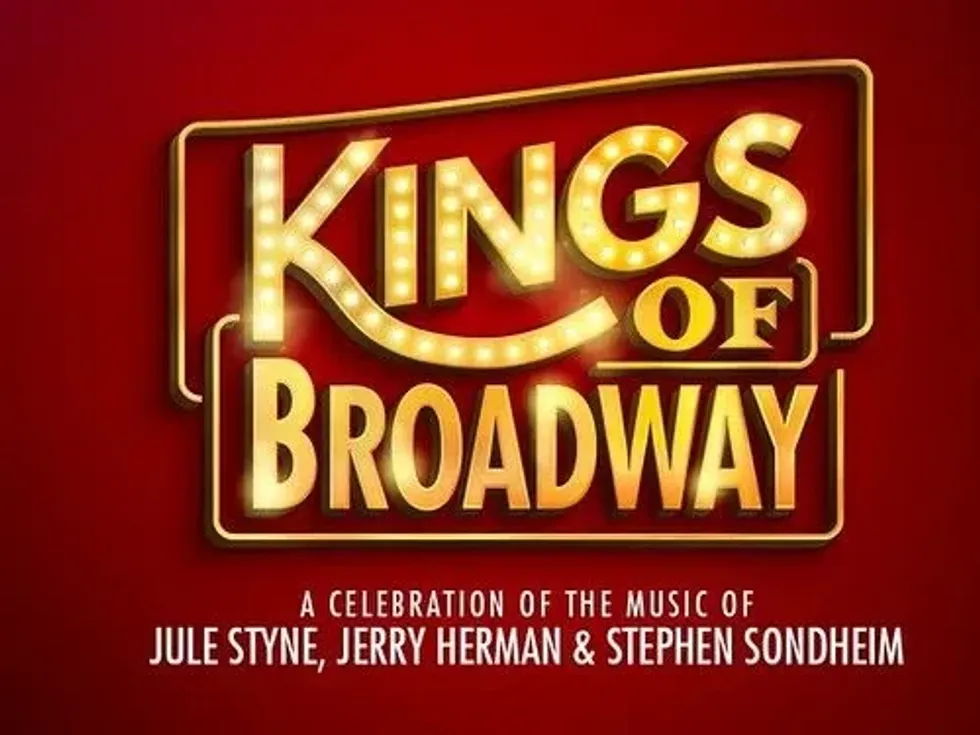Gold lettering and a red background in the promotional poster for the Kings of Broadway show. 