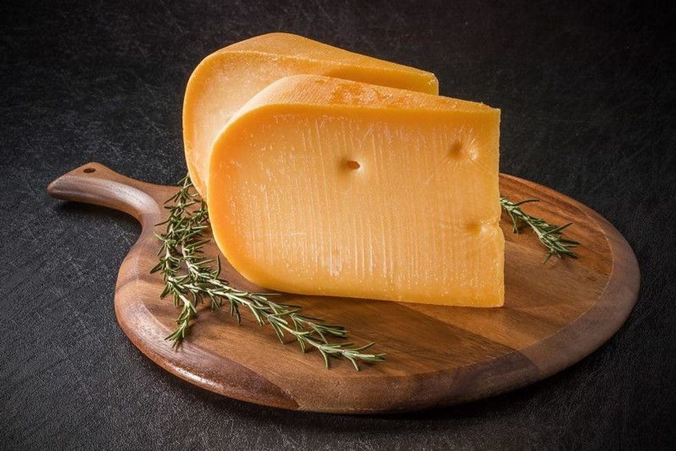 Gouda cheese in dark background.