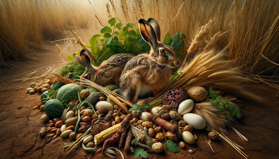 Grasses, leaves, and roots, lying on the natural earthy ground of the African savannah, showcasing the diet of a spring hare in a landscape view.