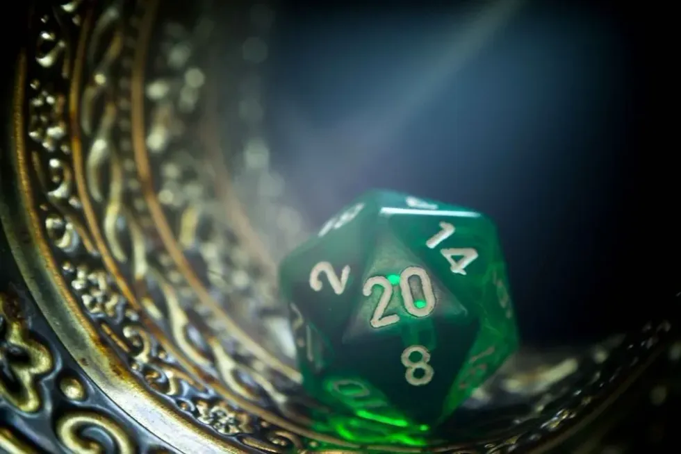 Green d20 dice from the board game Dungeons and Dragons