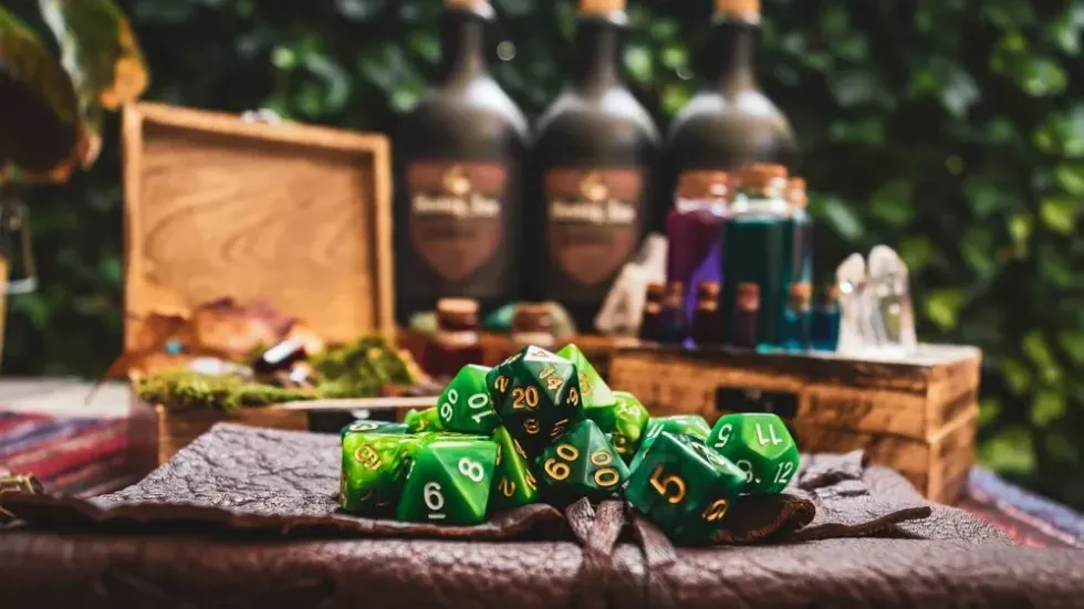 Green d20 dice on leather with magic potions in background