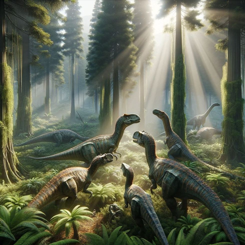 Group of three Maiasaura interacting in a dense Late Cretaceous forest with lush vegetation and sunlight filtering through.