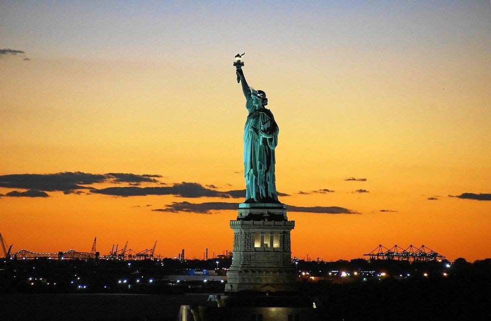 Hundreds of copies of the Statue of Liberty