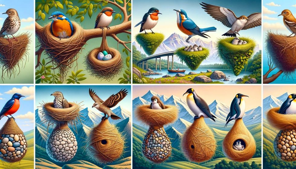 Illustration comparing nesting habits of a robin, swallow, eagle, penguin, and weaver bird in their respective environments.