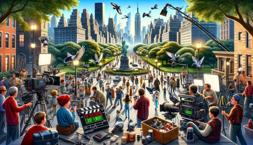 Illustration of a bustling New York City film set with key Home Alone sequel elements.