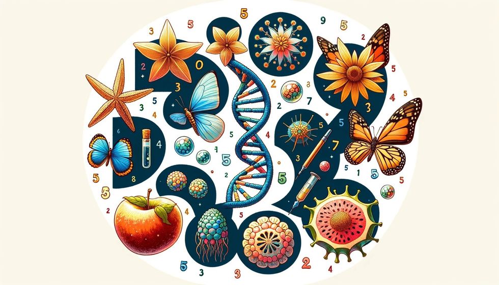 Illustration of the number 5 in nature and science, featuring a DNA helix, starfish, butterfly, five-petaled flower, fruit with five seeds, and a pentagonal virus.