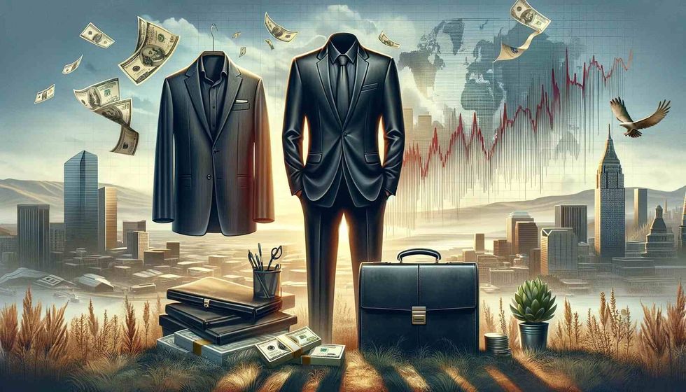 Image of corporate business items: black suit, stock chart, dollar bills, briefcase, shoes, and books.