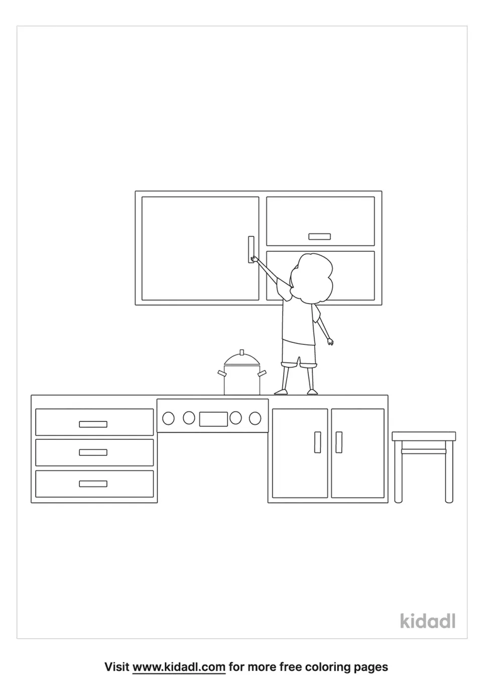 Kid Trying To Reach Cupboard Coloring Page