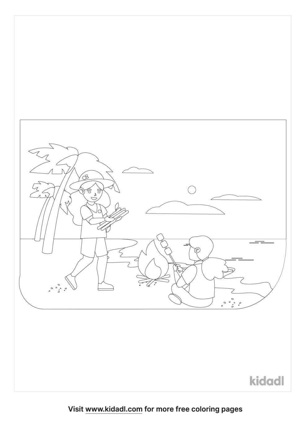 Girl Scouts At Beach Coloring Page
