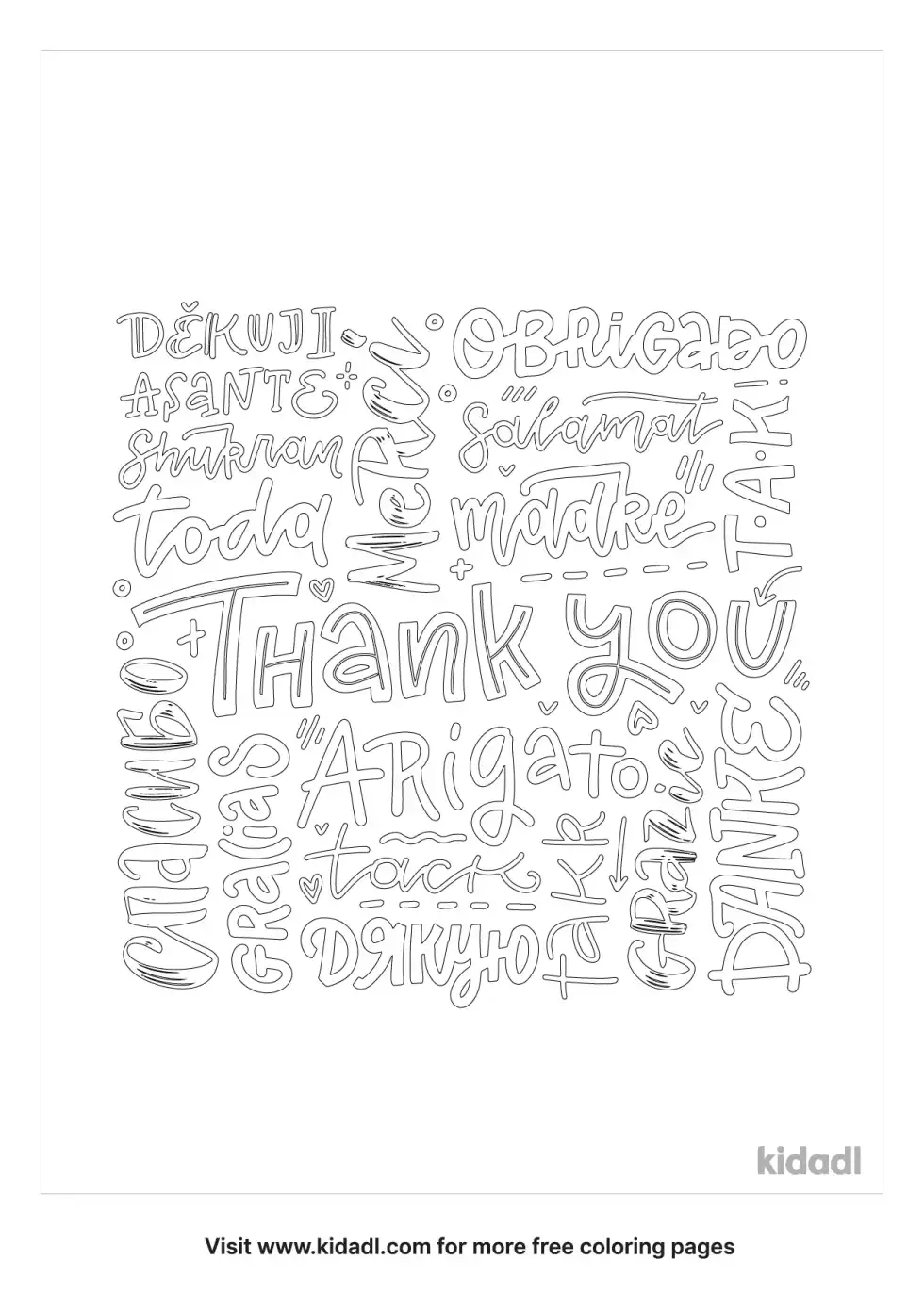 Thanks In Different Languages Coloring Page
