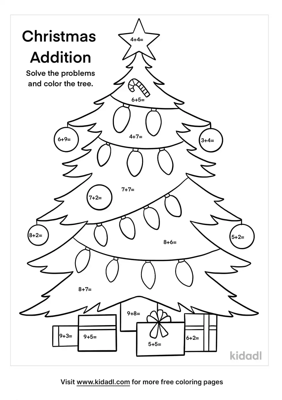 Math Facts Christmas Tree Coloring Page