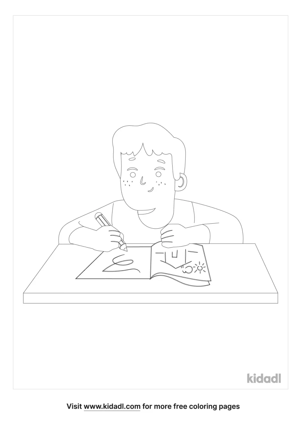 Student At Desk Folded Arms On Desk Coloring Page