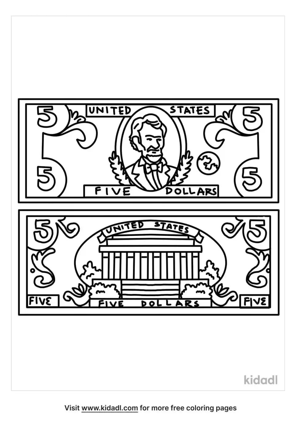Two Sided Five Dollar Bill Coloring Page