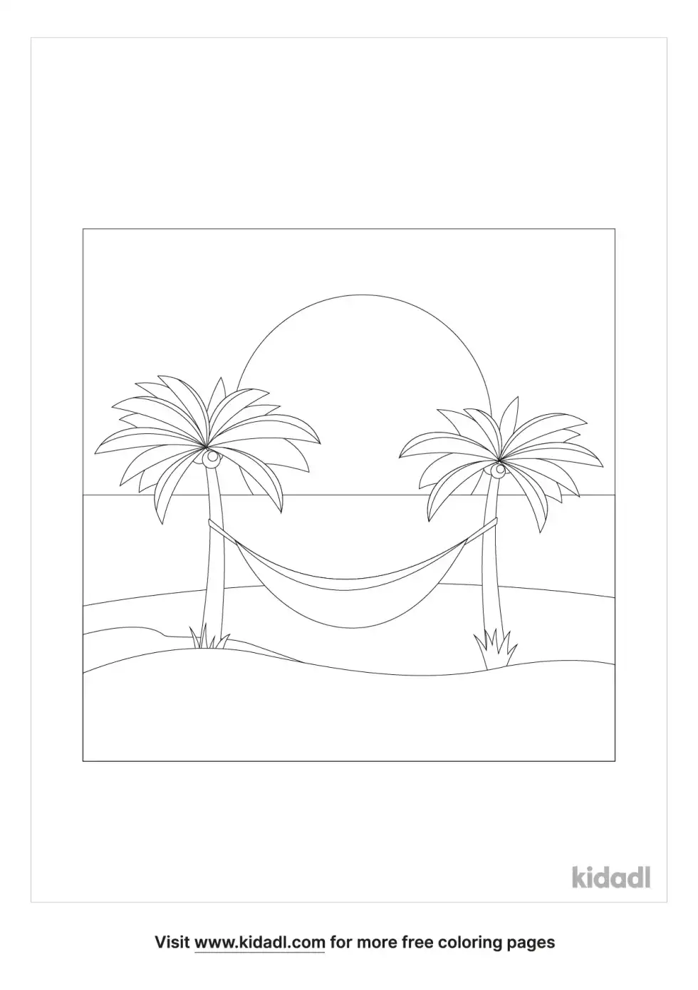 Beach And Palm Tree At Sunset Coloring Page