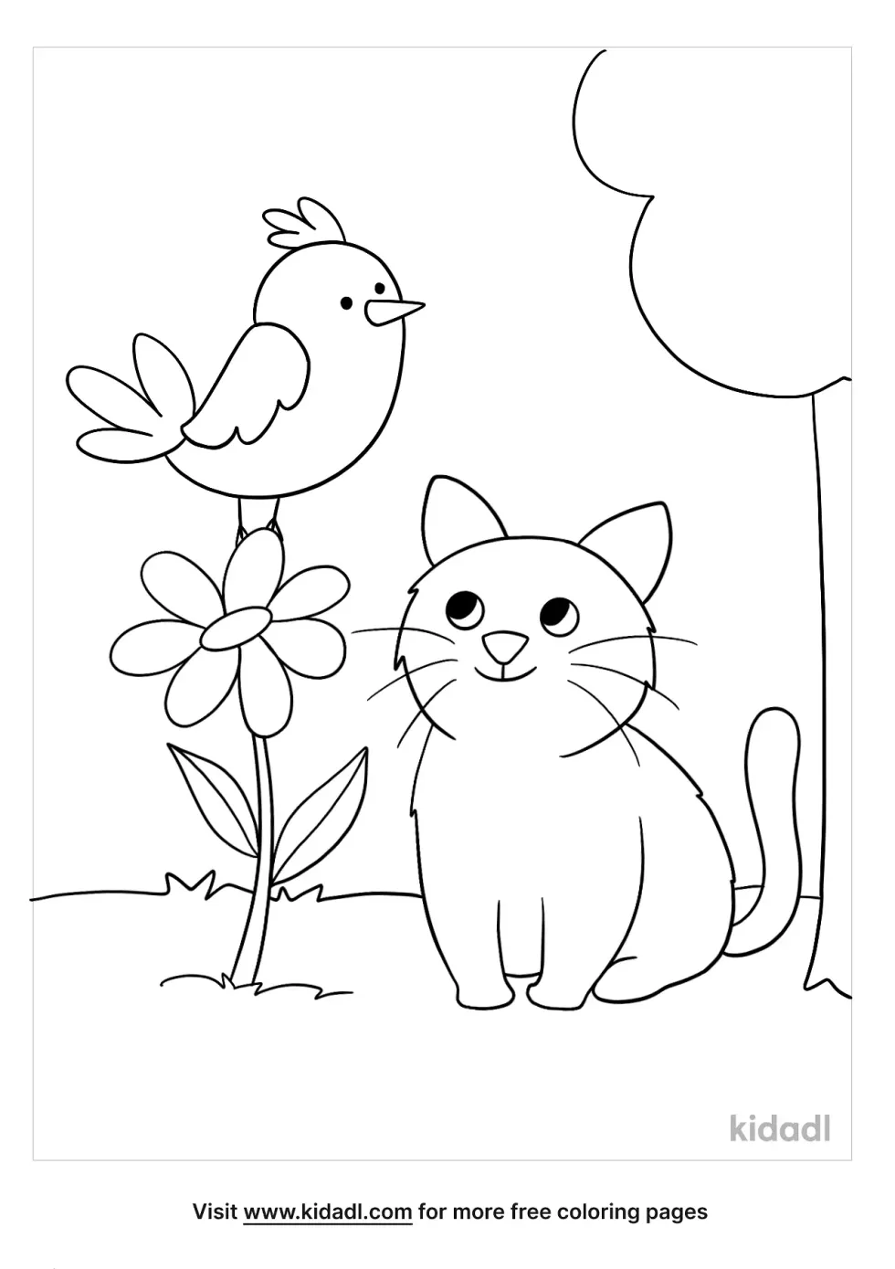 Cat And Bird Coloring Page
