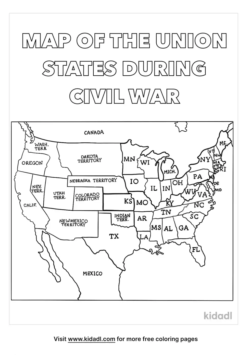 Map Of The Union States During The Civil War Coloring Page