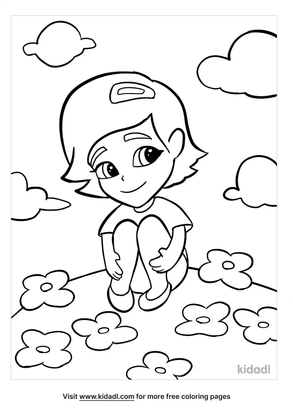 Girl Sitting In Flowers Coloring Page