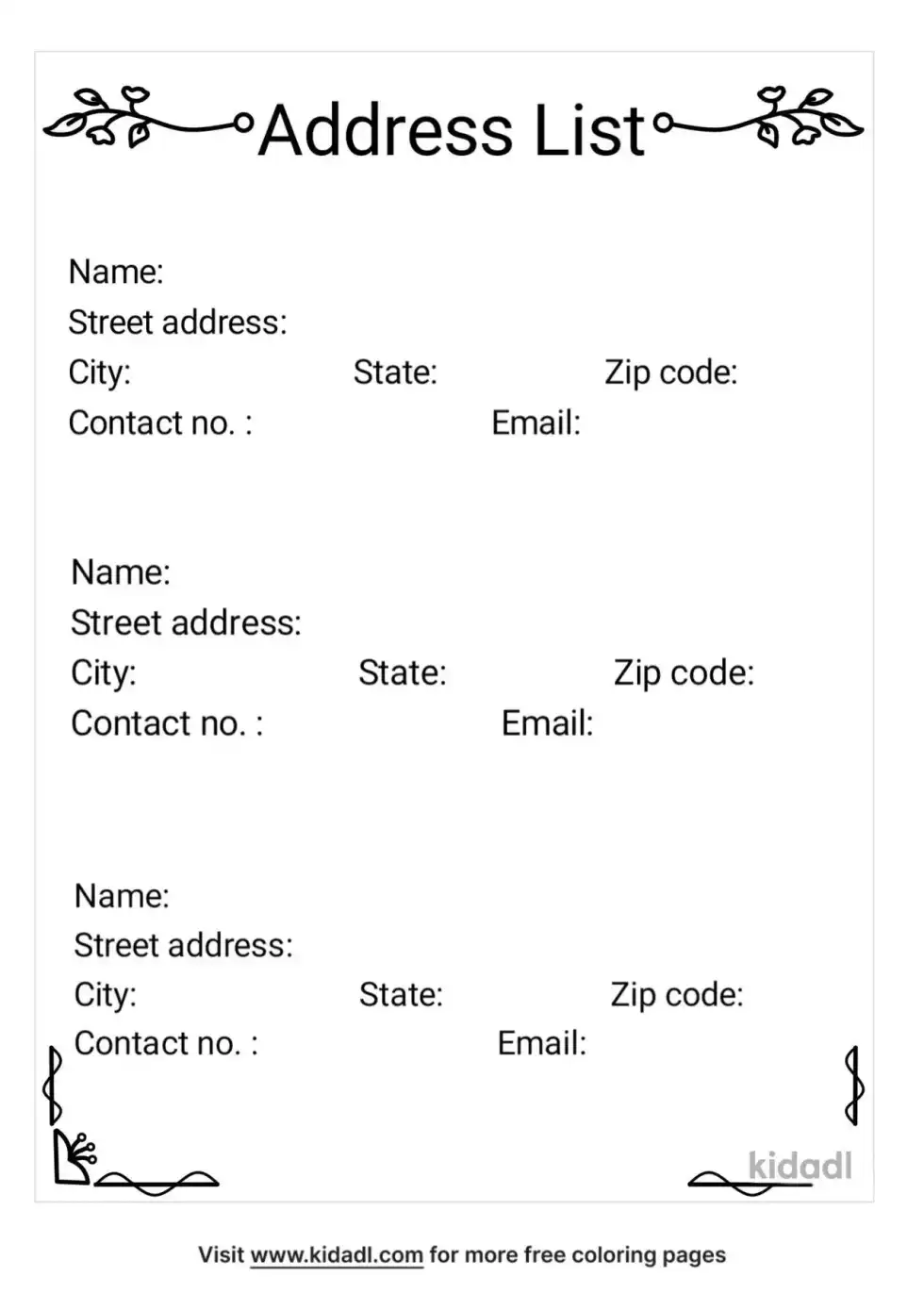 Blank Address List Coloring Page