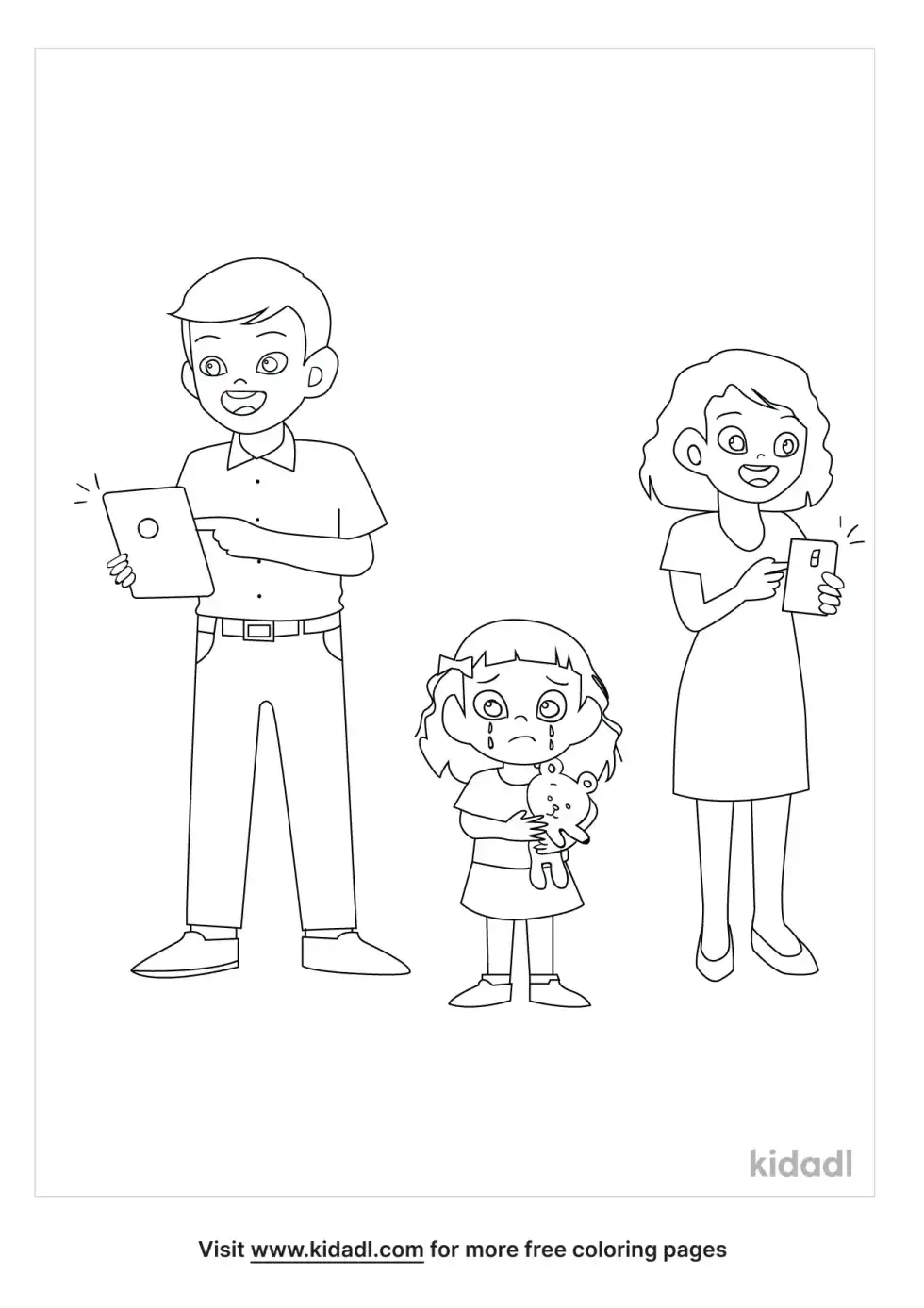 Sad Girl With Parents Coloring Page
