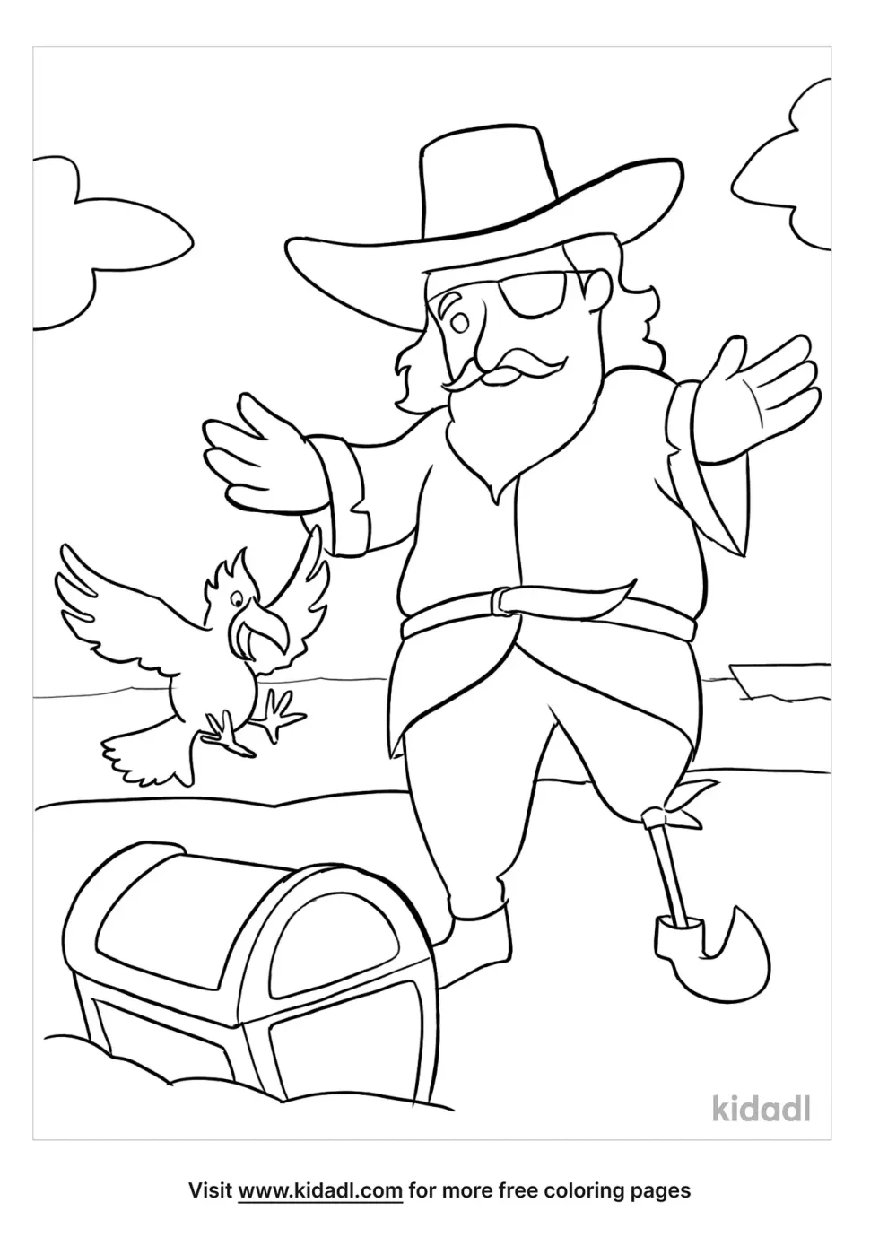 Pirate With Parrot Treasure Coloring Page