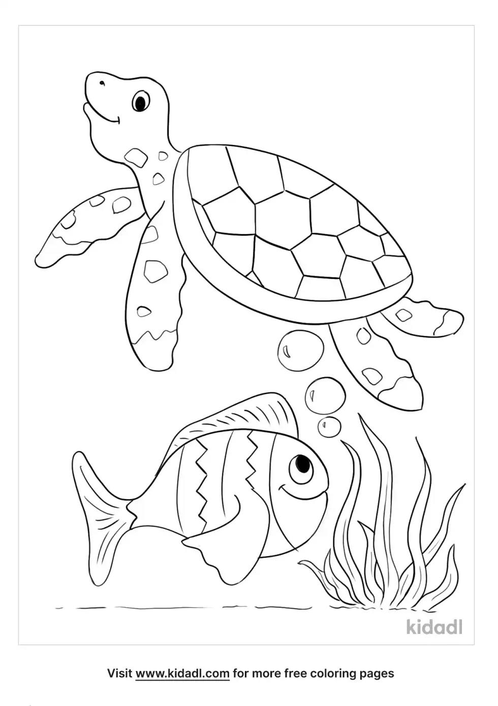 Sea Turtle And Fish Coloring Page