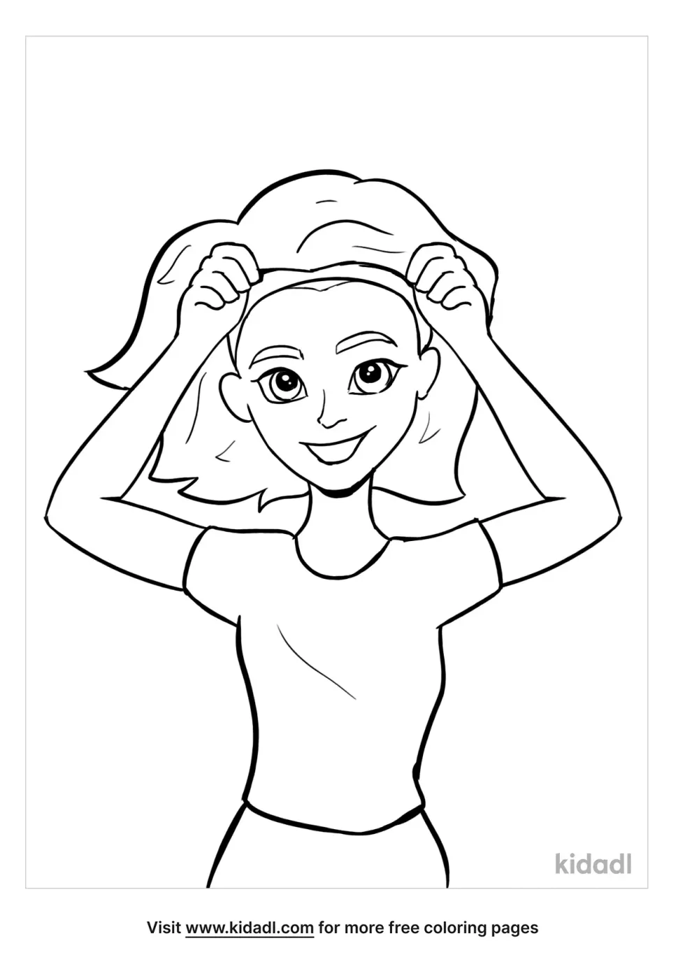 Girl Putting On Wig Coloring Page