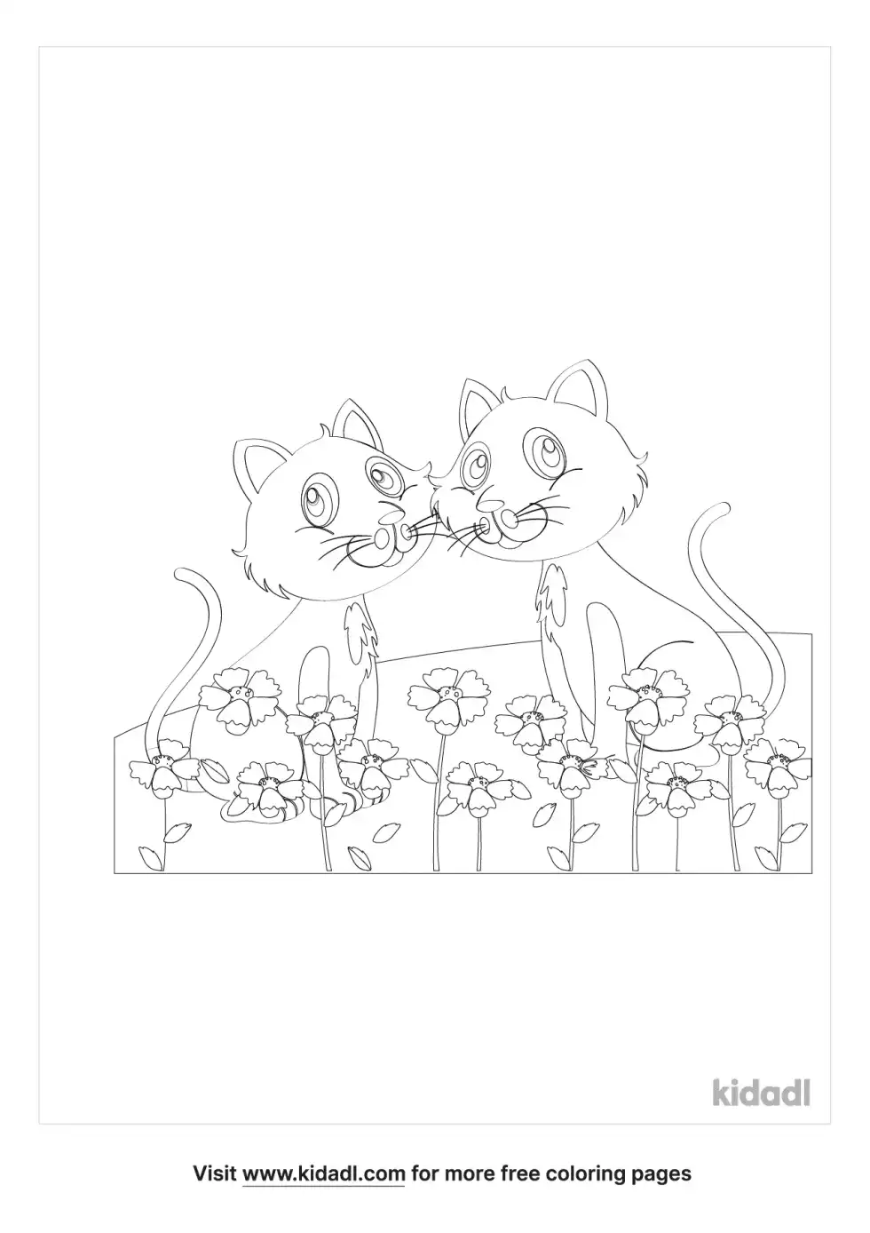 Flowers And Cat Coloring Page