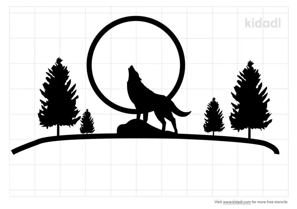 Wolf And Moon Mountain Trees Stencil