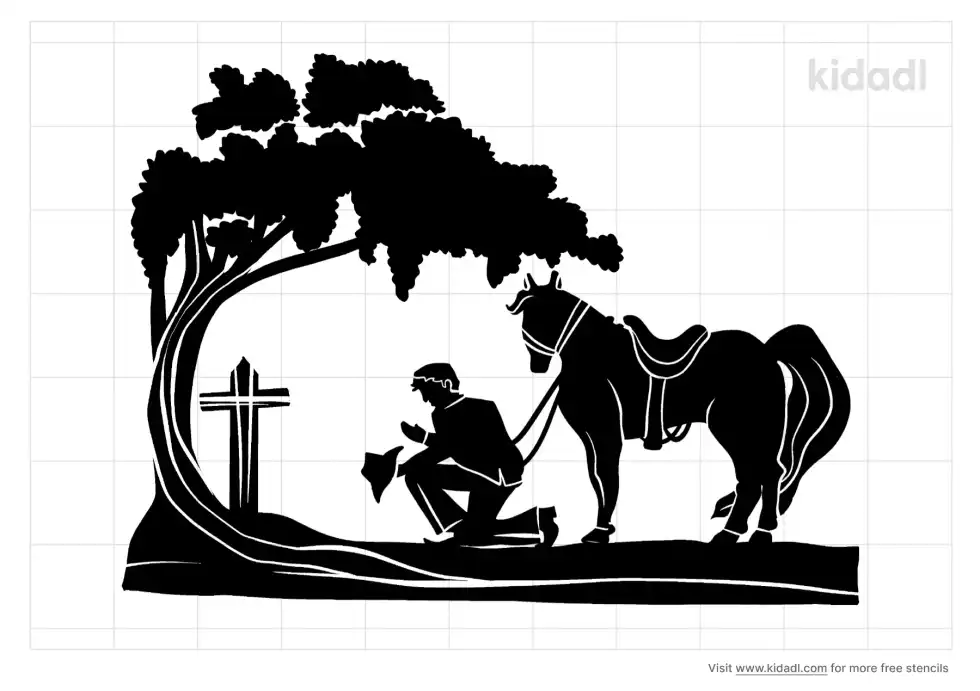 Cowboy Kneeling At Cross With Horse Stencil