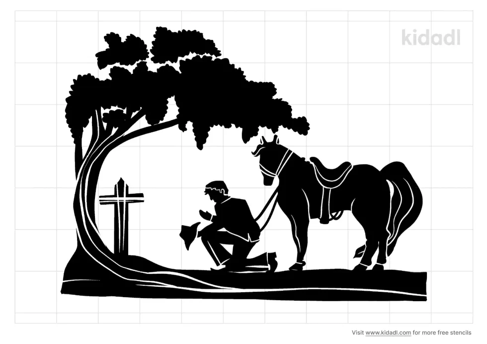 Cowboy Kneeling At Cross With Horse