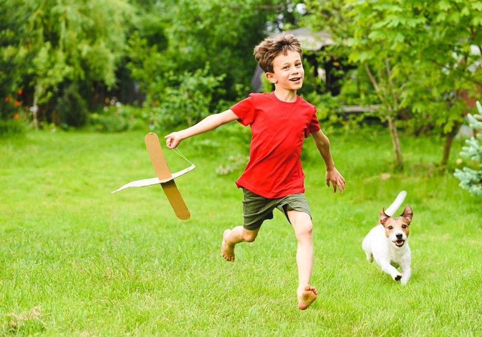 Kid boy playing with DIY cardboard plane dreaming to be pilot