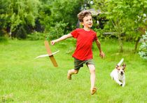 Kid boy playing with DIY cardboard plane in a garden.