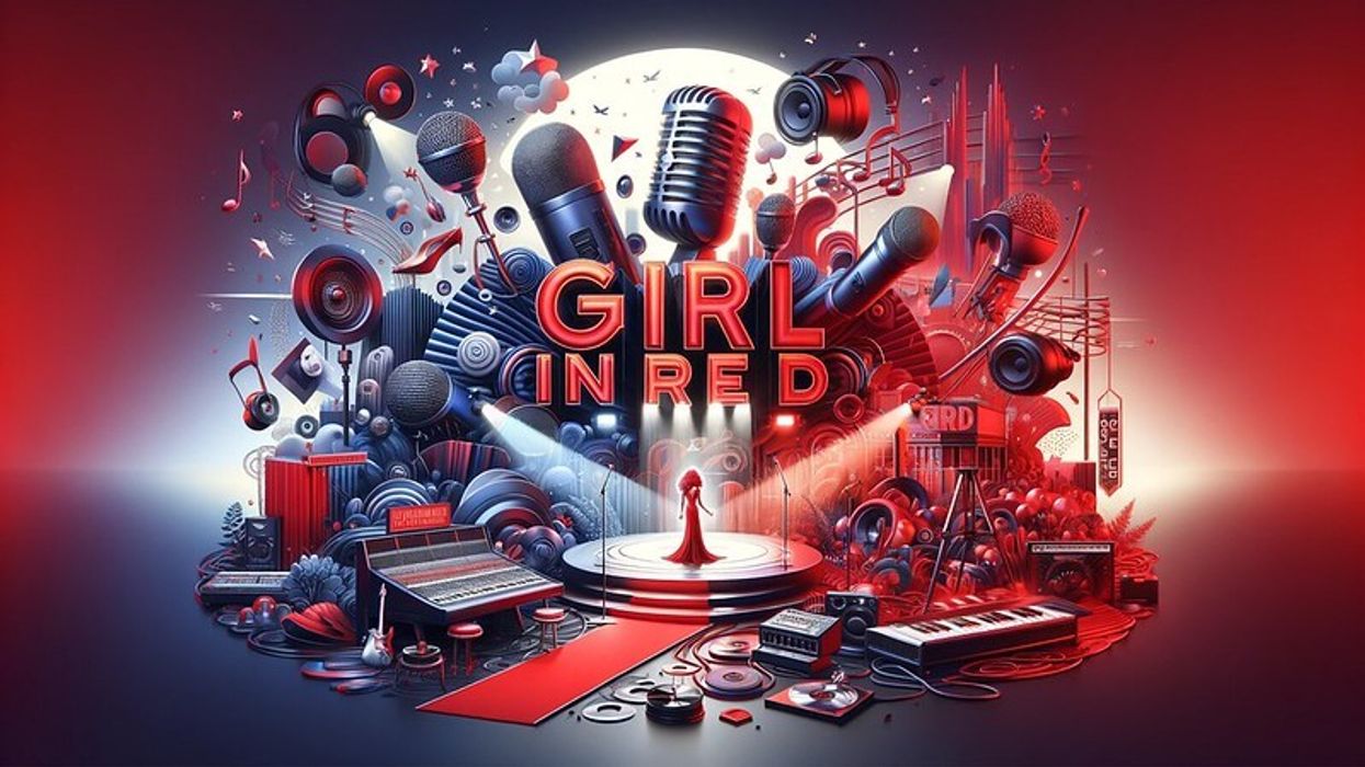 Landscape scene celebrating Girl In Red, featuring a stage with microphones, studio gadgets, a red carpet, and music awards, centered around bold 'GIRL IN RED' lettering.