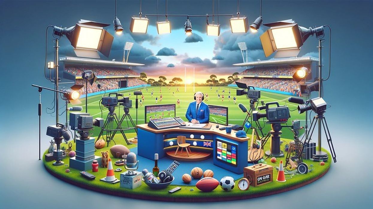 Landscape scene depicting a hybrid of a TV studio and sports commentary box with recording and broadcasting equipment.