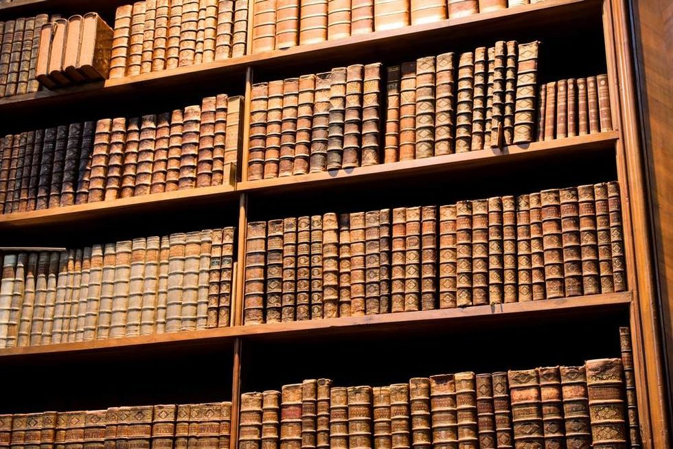 Large bookcase with the leather-bound books in the old Austrian National Library in Austria. 