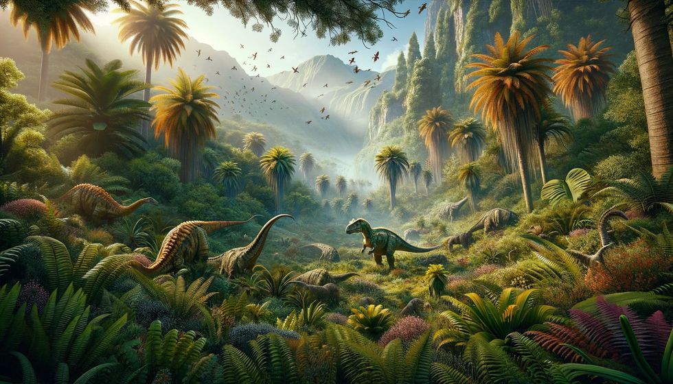 Late Cretaceous period vegetation, including ferns, cycads, and conifers, representing the diet of an Anodontosaurus.