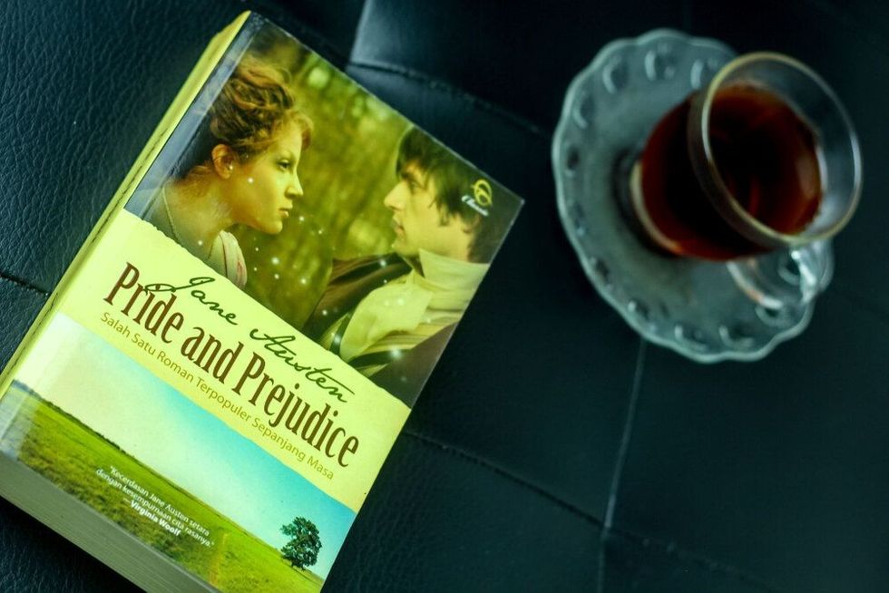 Leisure Activity with Tea and Book, Pride and Prejudice from Jane Austen