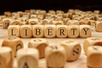 LIBERTY word written on wood block.