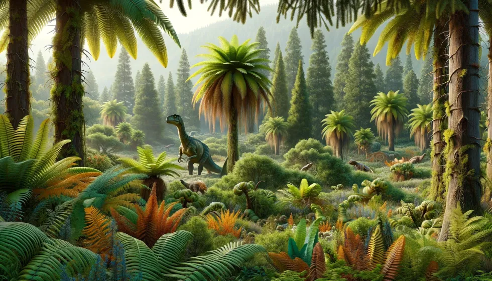 Lush prehistoric forest depicting the flora that constitutes the diet of Aeolosaurus.