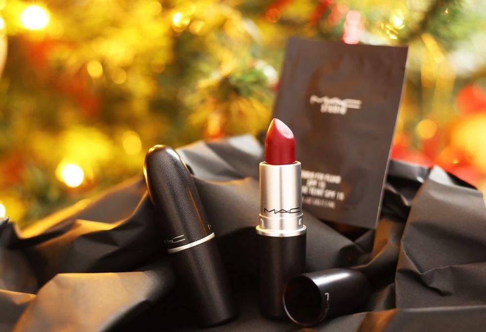 MAC cosmetics famous brand in front of the Christmas tree - MAC lipsticks