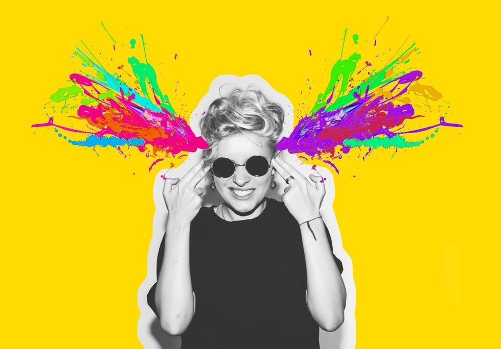 Magazine style collage of headshot portrait rocky emotional woman blow mind