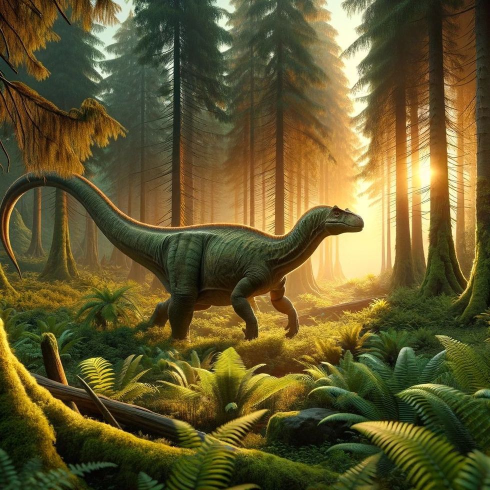Maiasaura walking through a lush, Late Cretaceous forest with coniferous trees and ferns, under a setting sun.