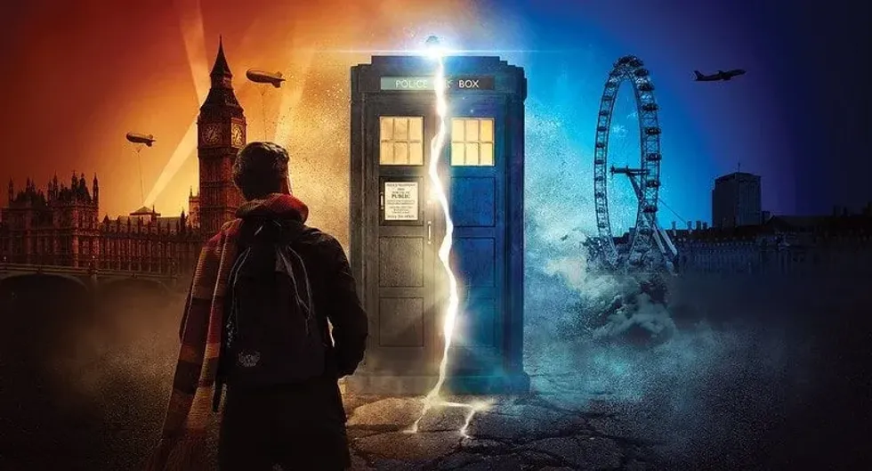 Man walking towards the Doctor Who Tardis in an immersive experience.