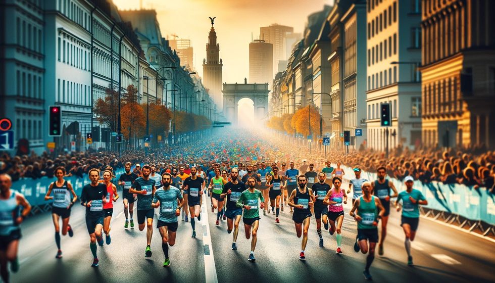 Marathon runners are depicted moving through a city, surrounded by famous landmarks and enthusiastic spectators, embodying the spirit of endurance sports.