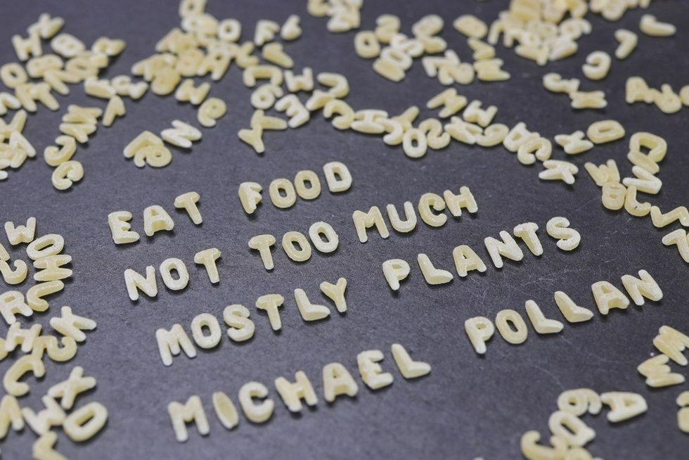Michael Pollan spelled out with alphabet pasta.