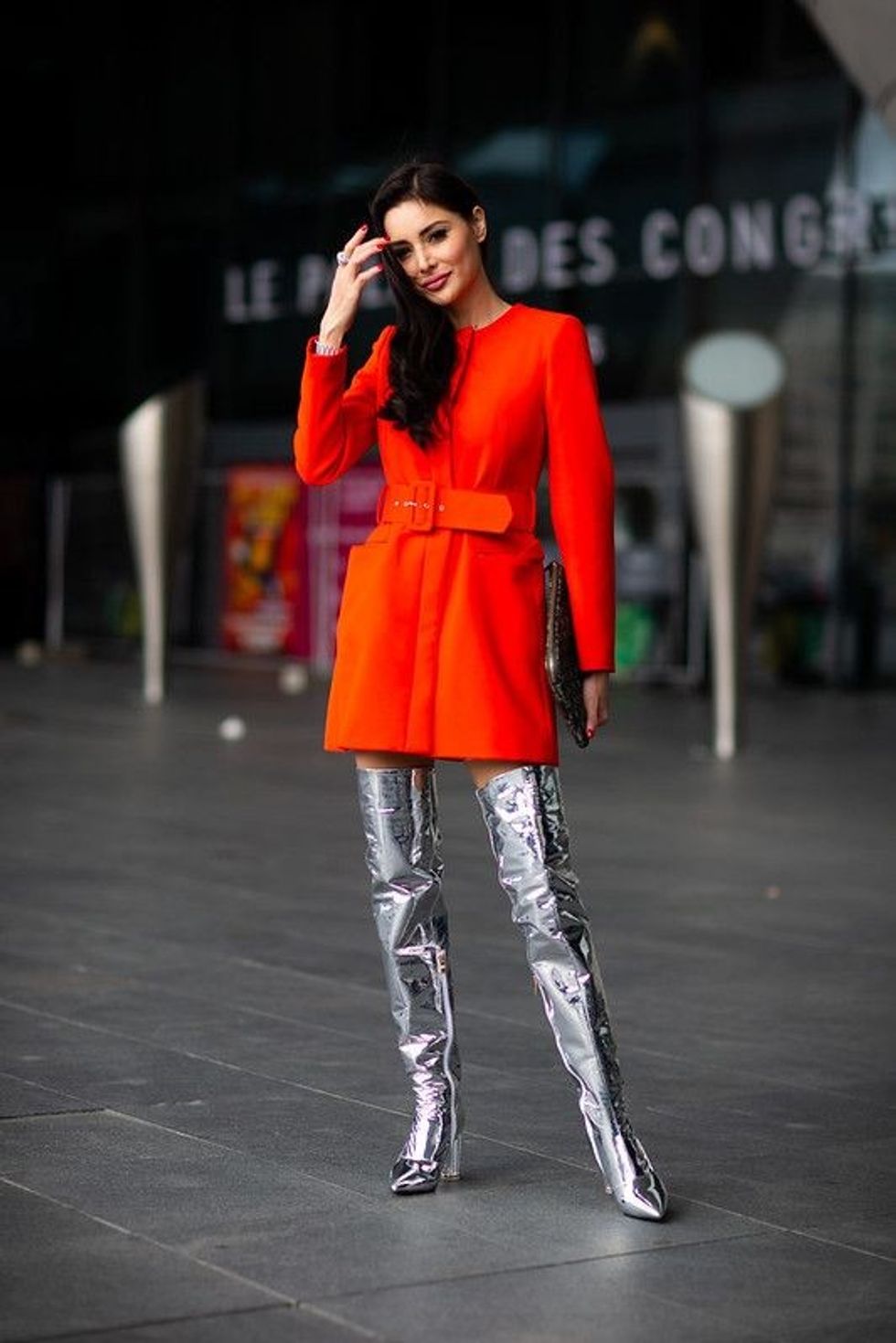 Model wearing fashionable clothes for runway