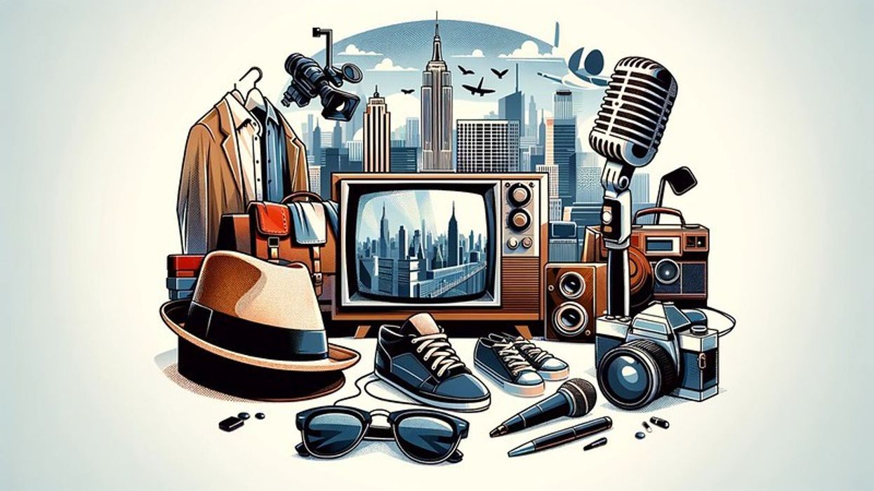 Modern composition featuring items linked to Chet Cannon, with a TV set, microphone, camera, trendy clothing, and a New York City backdrop.
