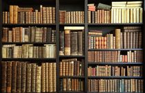 Old books on a wooden shelf.