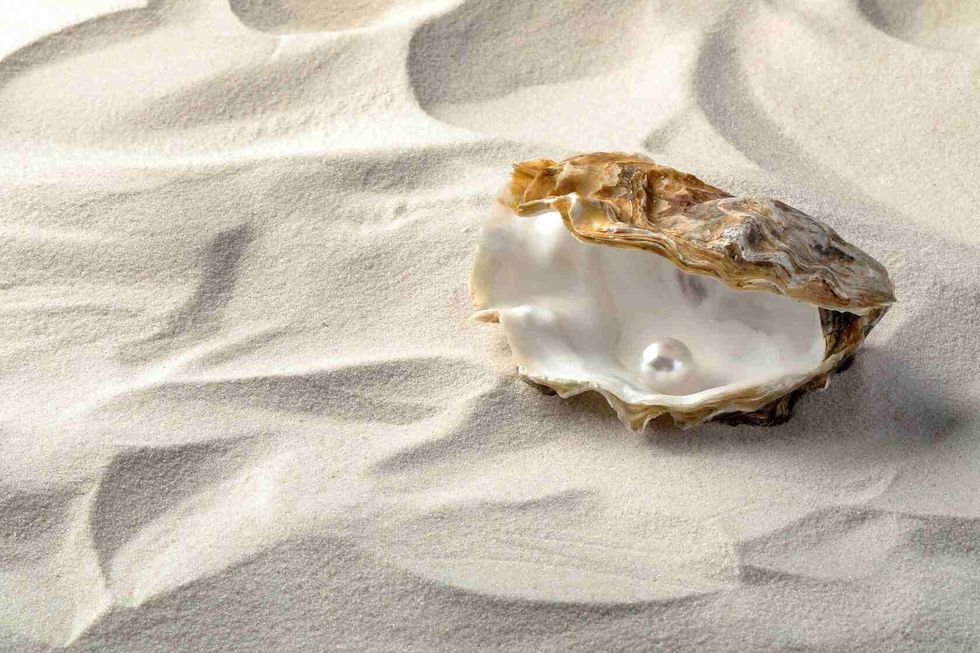 Open oyster with white pearl on sand
